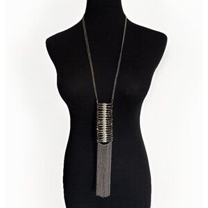 Chicos Silver Tone Long Large Statement Chain Tassel Fringe Pendant Necklace